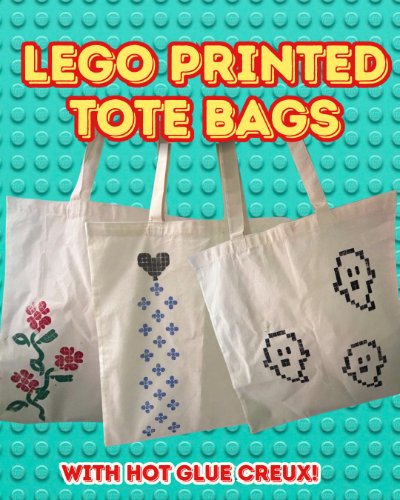 Three tote bags with designs (flowers,hearts, ghosts) against a turqoise Lego blcok background.